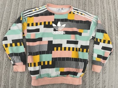 Adidas Colorblock Patchwork French Terry Sweater Youth Girls Large Multicolor
