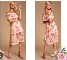 NWT Lulu's Dress S Off Shoulder Tiered Midi Floral Picnic Pink Prairie Cottage