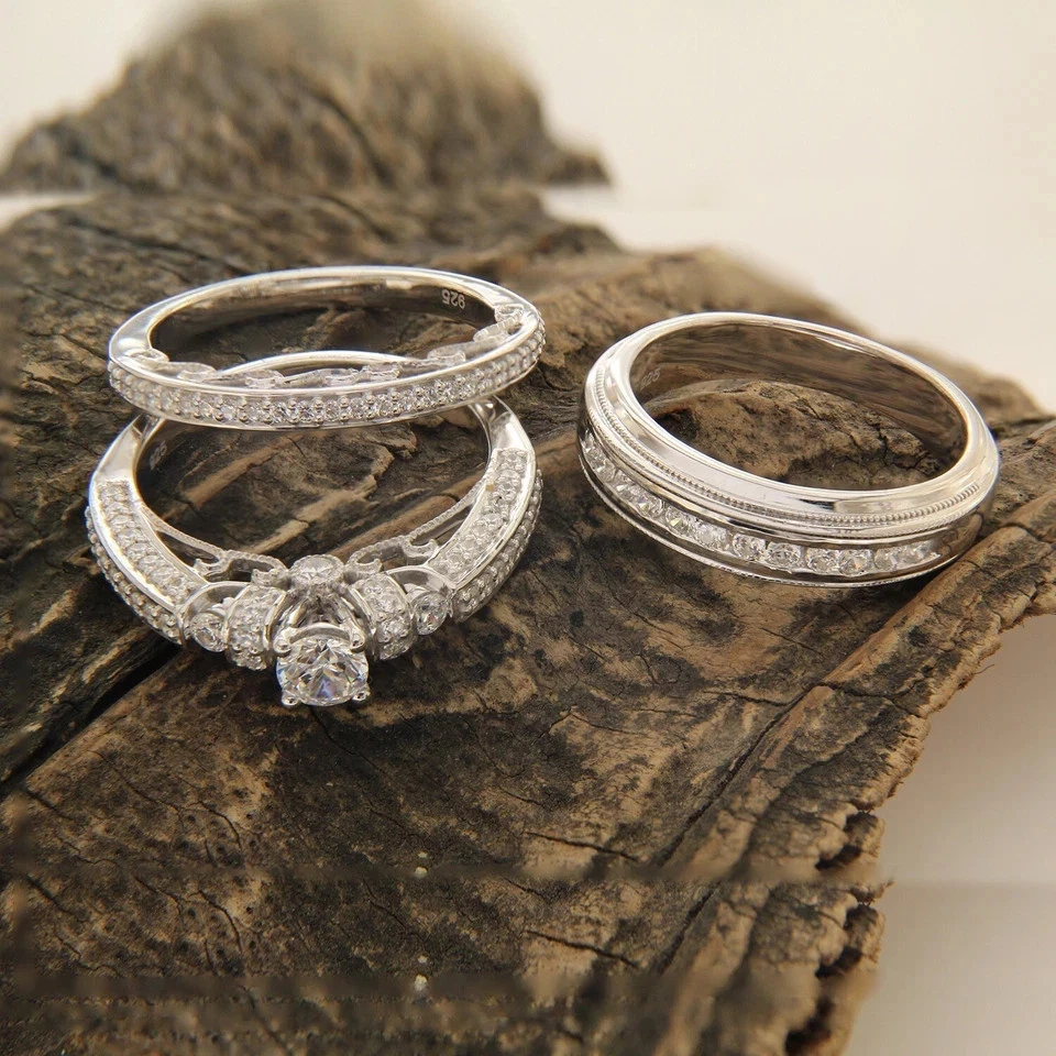 Conjunto de trio de anel de casamento 3 quilates corte redondo criado em laboratório diamante folheado a ouro branco 14k - Imagem 3 de 4