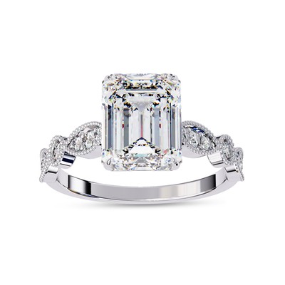 2.8 Ct Emerald Diamond Beaded Solitaire Stackable Promise Ring 18K WG Lab Grown