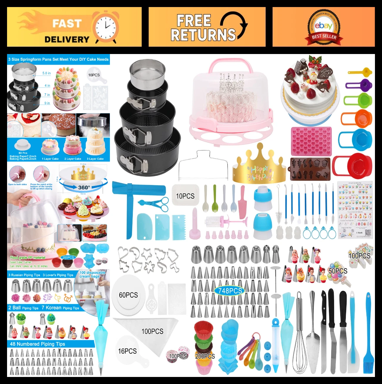 Ultimate Cake Decorating Kit - 748 Pcs Supplies, Turntable, Pans, Tips & More!
