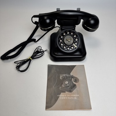 Landline Home Phone Black Retro Rotary Style  Plastic Telephone Fabric Corded