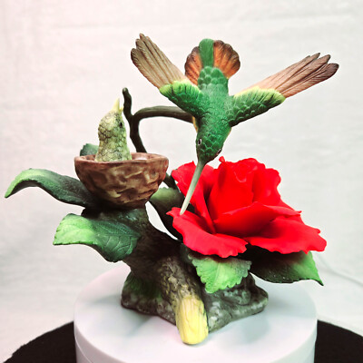 Delicate Porcelain Hummingbird & Baby Hummingbird Red Rose on Branch Figurine