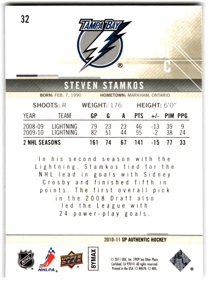 2010-11 SP Authentic Steven Stamkos #32 Tampa Bay Lightning - Image 2 of 2