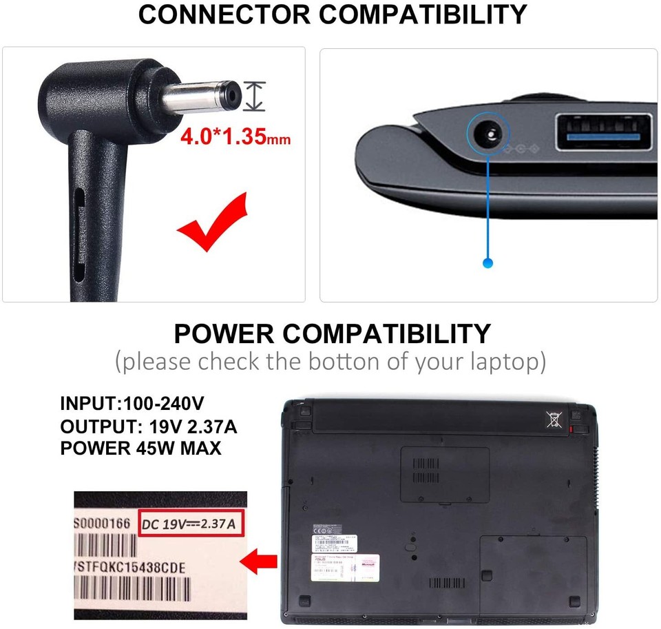 ASUS Laptop Charger 45W – Genuine 19V 2.37A AC Adapter With B Tip (4.0x1.35mm)