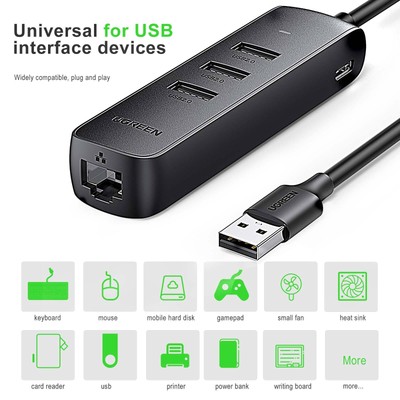 UGREEN USB 2.0 Hub Ethernet Adapter USB Splitter USB to RJ45 Adapter Cable 4port
