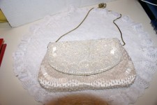 La Regale LTD Vintage Handmade Beaded Purse/Clutch WHITE W/CHAIN STRAP 18"DROP