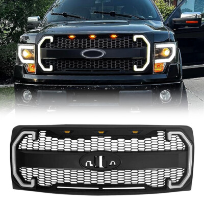 For 2009-2014 Ford F150 F-150 Raptor Style Grille w/Emblem Hole & LED Lights