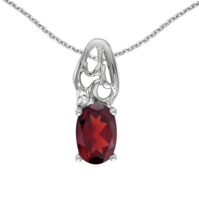 10k Weißgold ovaler Granat und Diamant Anhänger mit 16'' Kette