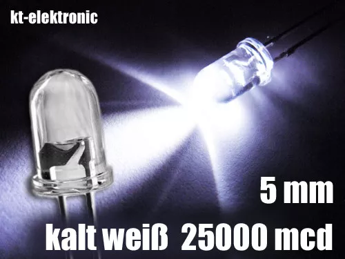 25 Stück LED 5mm kalt weiß ultrahell 25000mcd