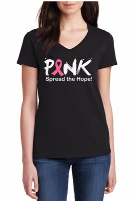 Pink Spread The Hope Breast Cancer Awareness Support Womens V Neck T Shirt Black