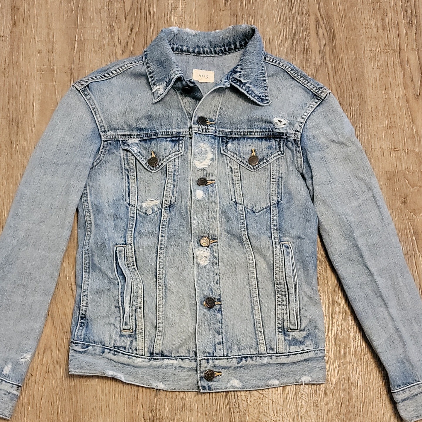 Able Button Up Distressed Collared Denim Jean Jac… - image 2