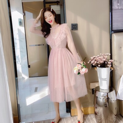 Damen Pailletten Spitze Netz Kleid Rüschen ausgestellte Ärmel süß Fee Lolita Retro