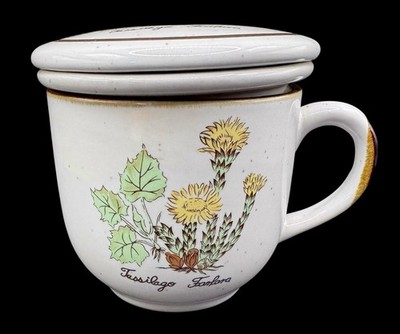 Vintage Ceramic Tea Mug Cup Strainer Coaster Lid Set Yellow Floral Botanical 8oz