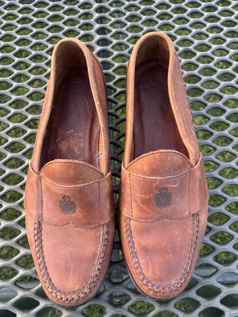 靴 Polo Ralph Lauren crest Loafer Ralph Lauren Polo Shoes Mens 10D Brown Leather Loafer Crest Slip