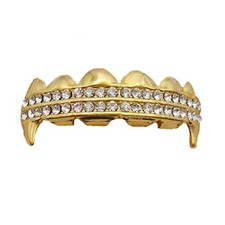Gold Tone 2 Row CZ Fangs Grillz Top 6 Teeth Iced Vampire Fang Grill Hip Hop