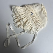 Vintage Baby Bonnet Cream Lace Ruffle Floral Embroidery Ribbon Heart Christening