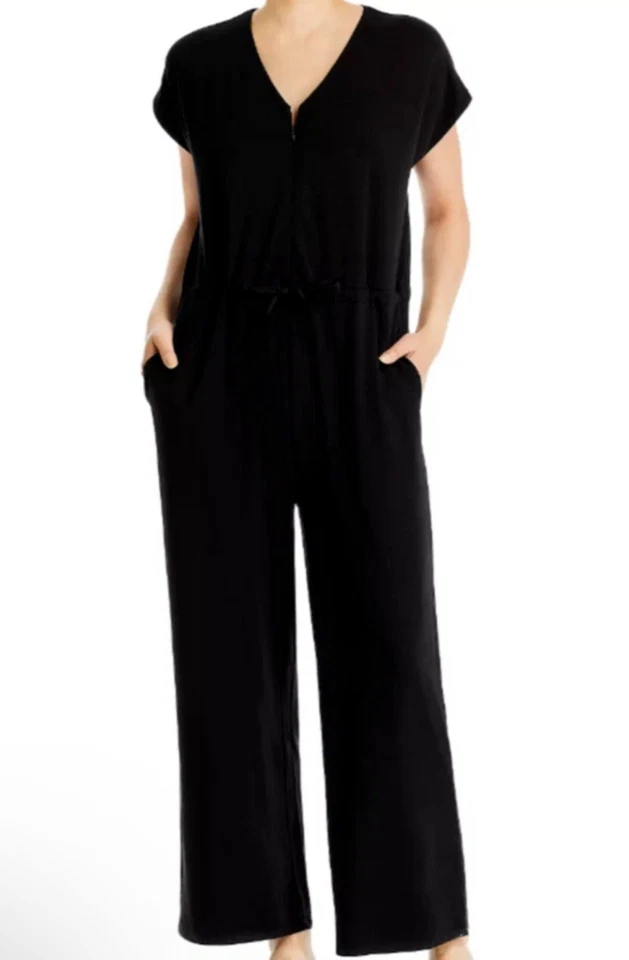 Mono para mujer Eileen Fisher cuello en V pierna ancha tobillo liso negro M elástico Foto 2 de 4