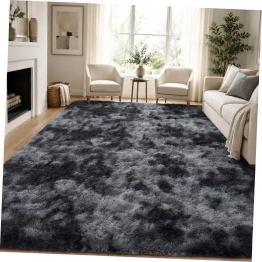 8x10 Area Rugs Living Room: Fluffy Bedroom Soft Shag Rug Black Grey ...