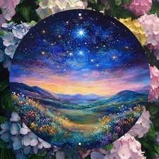 2D Flat, 1pc Ghibli-Inspired Round Aluminum Wall Art - Vibrant Starry Night Land