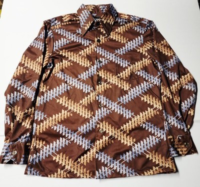 VTG 70s Johnny Miller Sears Geometric Disco Shirt Dagger Collar USA Excellent