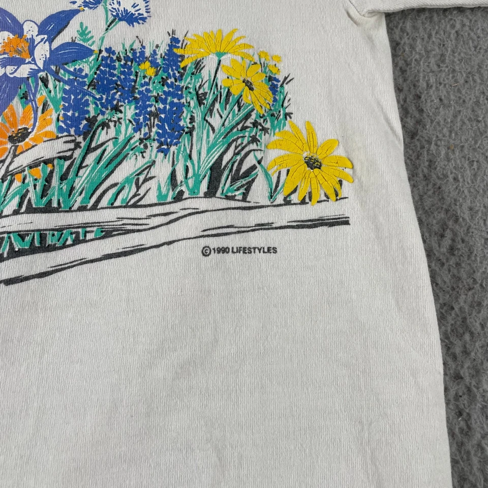 Vintage 90s Flower White T-shirt Single Stitch Graphic Colors L Nature Tee USA * - Image 3 of 4