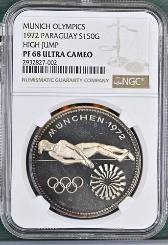 1972 Paraguay 150 guaranies - NGC PF68 CAM, "Munich Olympics - High Jump"