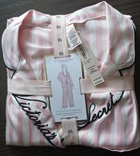 VICTORIA'S SECRET Satin Glazed Long PJ Set Pink Striped Logo pocket XS Regular