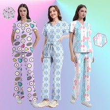 Women's Printed Nursing Scrubs Set: V-Neck Top Jogger Pants