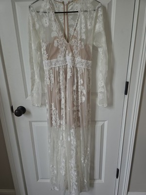 Alterd State Ivory Lace Nude Underlay V Neck Maxi Dress Small Beach Formal Gown