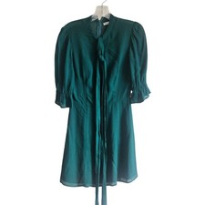 Reformation 4 Cassie Mini Dress Emerald Green Excellent Tie Neck Puff Sleeve