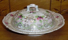 Vintage / Antique Porcelain Floral Round Cheese Dish w/ Lid - 9"