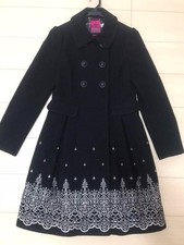 DOLLY GIRL by ANNA SUI Embroidered Long Coat Double Breasted Black A-Line Size 1