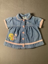Vtg Baby Looney Tunes Embroidered Tweety Bird Flowers Denim Button Up Size 