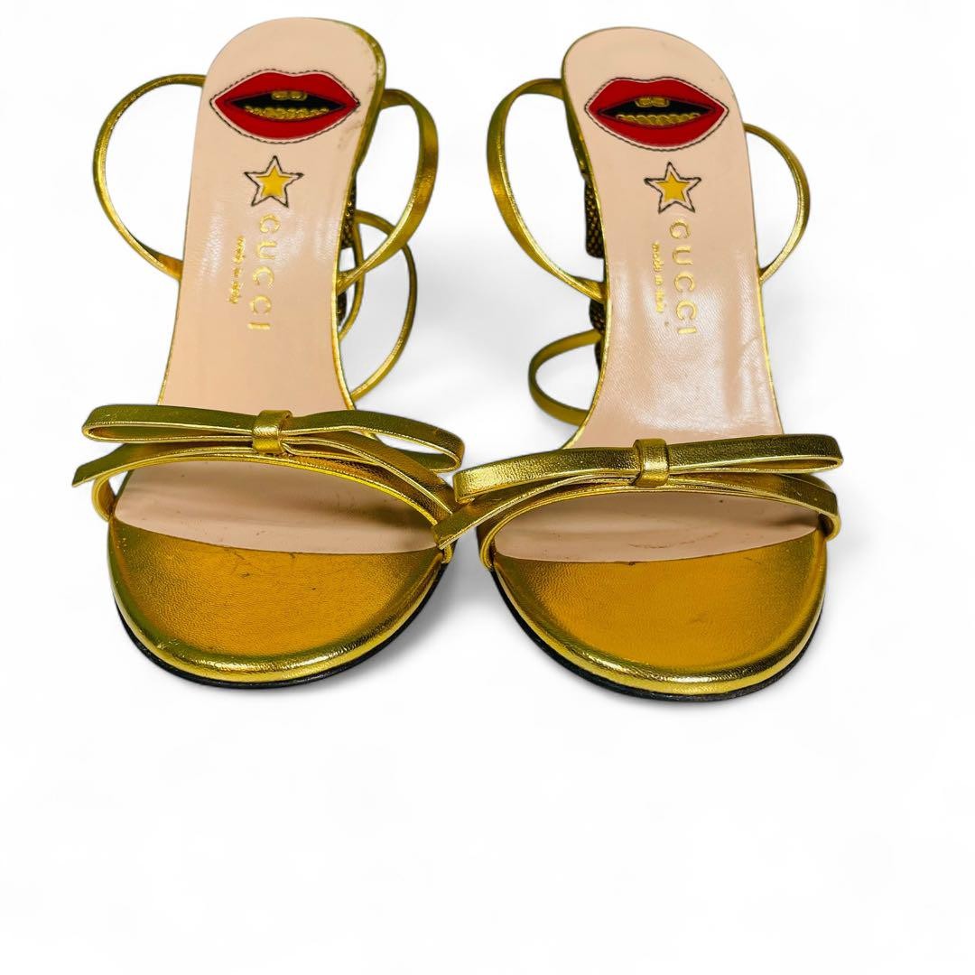 Gucci Snake Lace-up Heel Sandals with Gold Lip Logo Size 35 US Womens