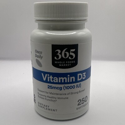 365 WHOLE FOODS MARKET VITAMIN D3 25mcg (1000 IU) 250 SoftGels EXP:10/2026