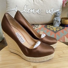 Salvatore Ferragamo Brown Satin Espadrilles Wedge Pumps US6.5 750