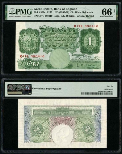 Great Britain One Pound Banknote P-369c O’Brien 1955-60 Prefix C17L UNC 66 EPQ