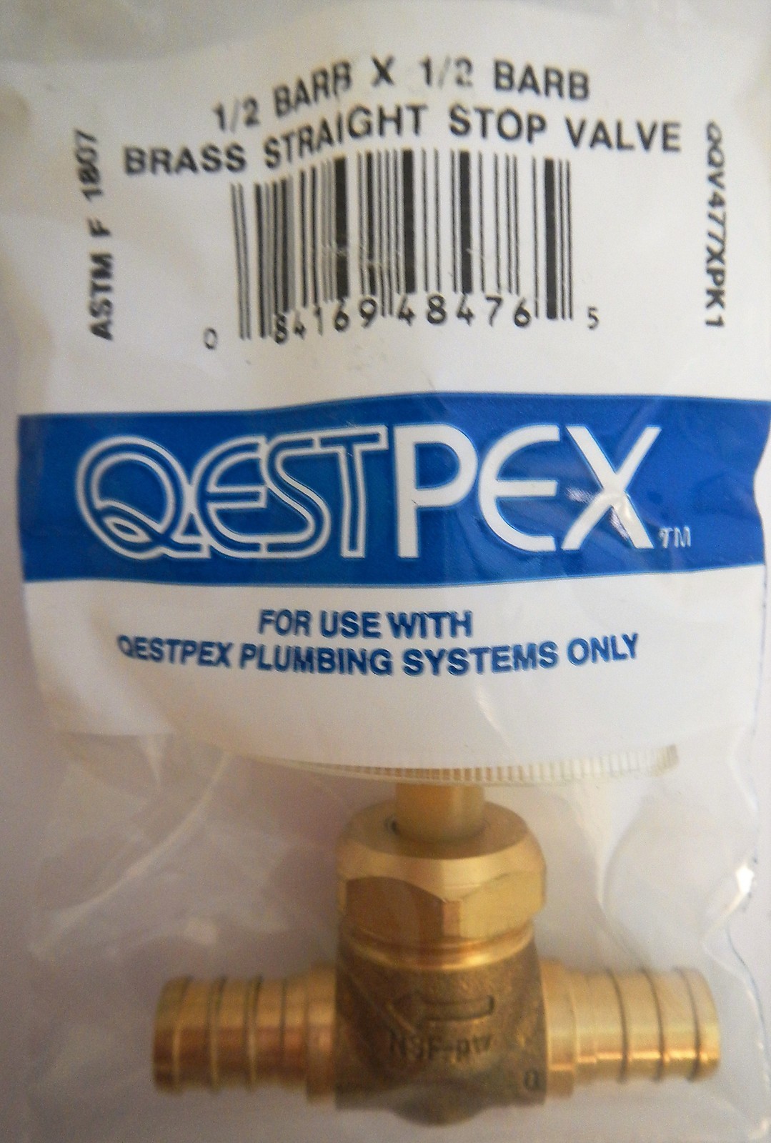 Zurn Quest Pex QQV477XPK1 Brass Straight Stop Valve 1/2 Barb x 1/2 Barb
