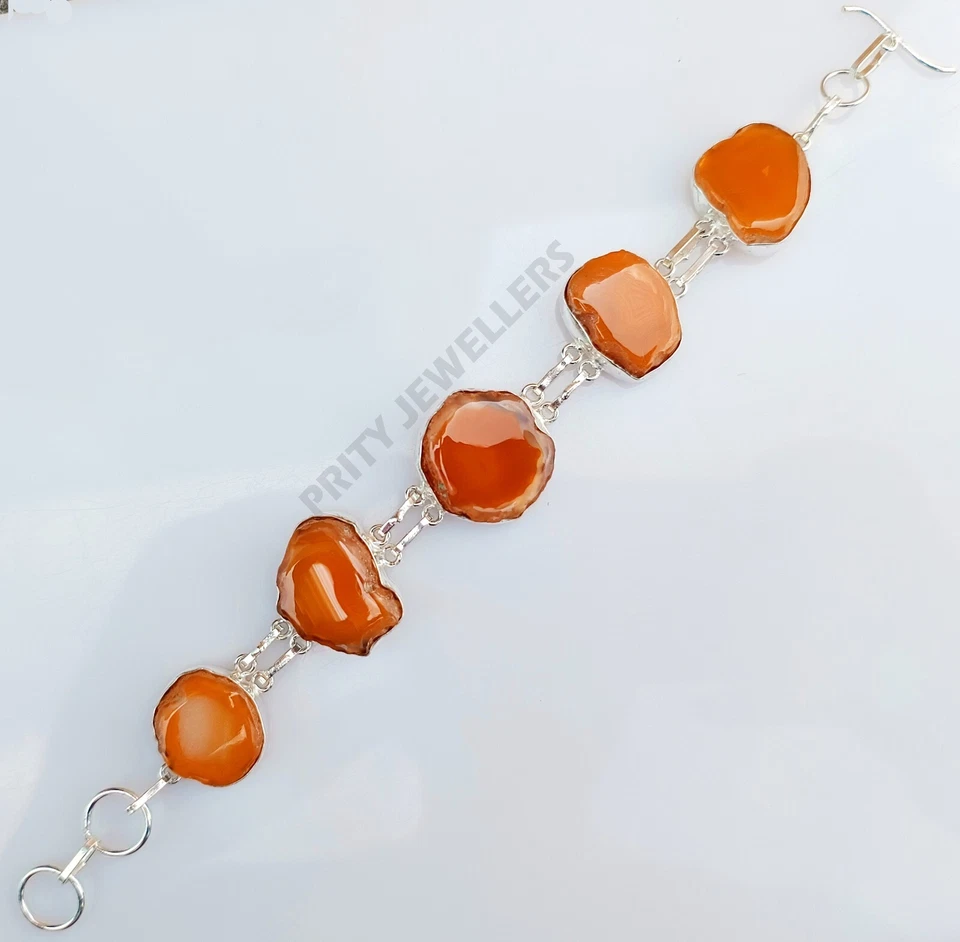 Pulsera de piedras preciosas de ágata naranja de plata de ley 925 hecha a mano joyería ajustable Foto 2 de 4