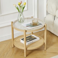 Modern Round Rattan Glass Metal Coffee Table Small 2-Tier End Table Living Room