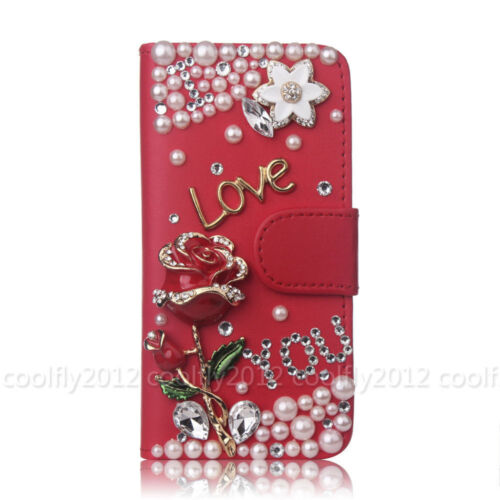 Bling Flip Leder Diamanten Geldbörse Damen Handy Abdeckung Etui für Motorola Nokia - Bild 18 von 18