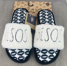 Rae Dunn Women  s Cushion House Slide Slippers Black/Cream Besos Kisses Small 5-6