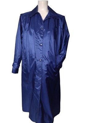 British Mist Sheen Trench Coat Size 9/10 Vintage Blue Zip Out Liner No Belt 