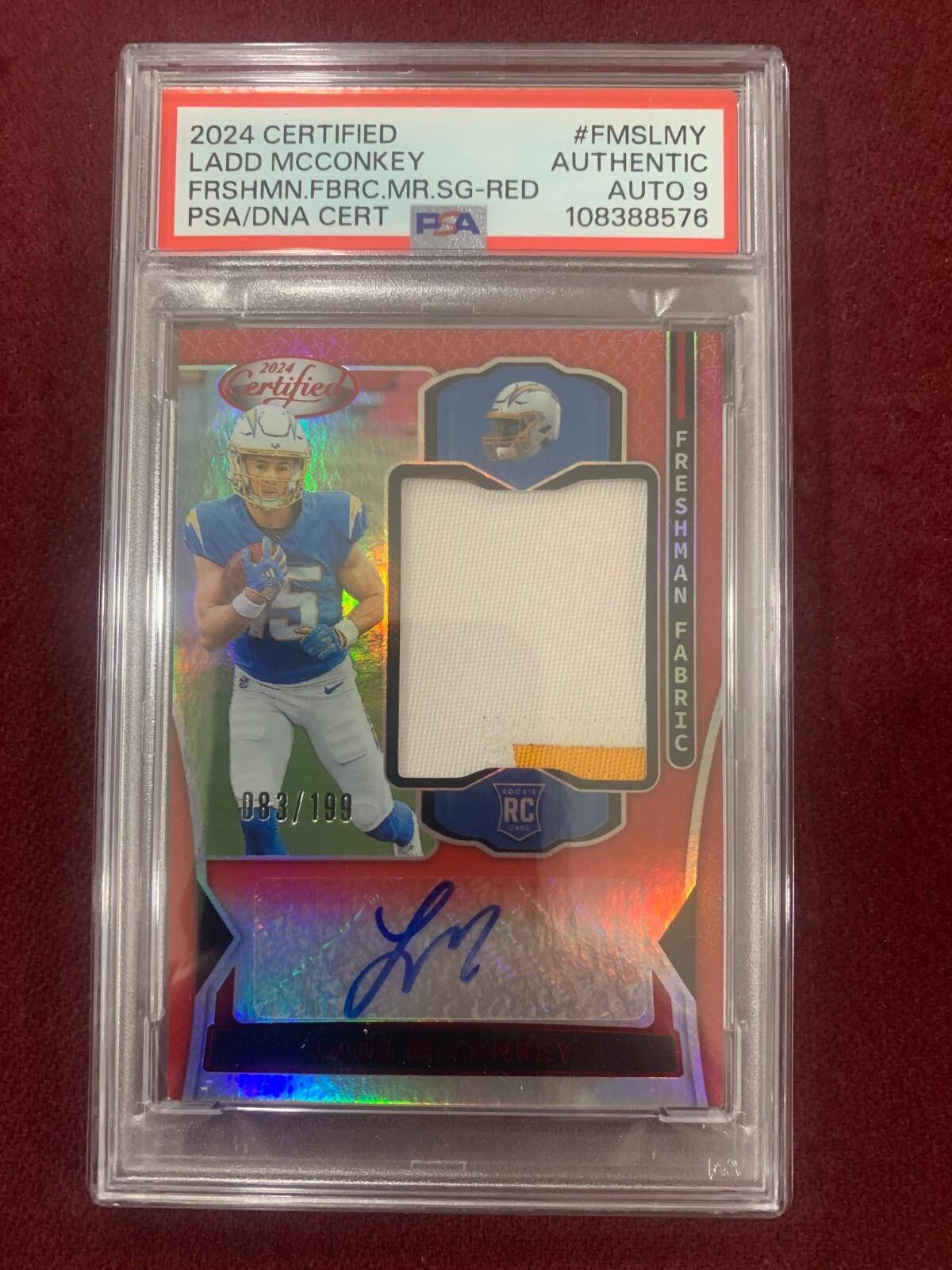 Ladd McConkey 2024 Certified Mirror Red Patch Auto 83/199 PSA 9 Auto Mint 
