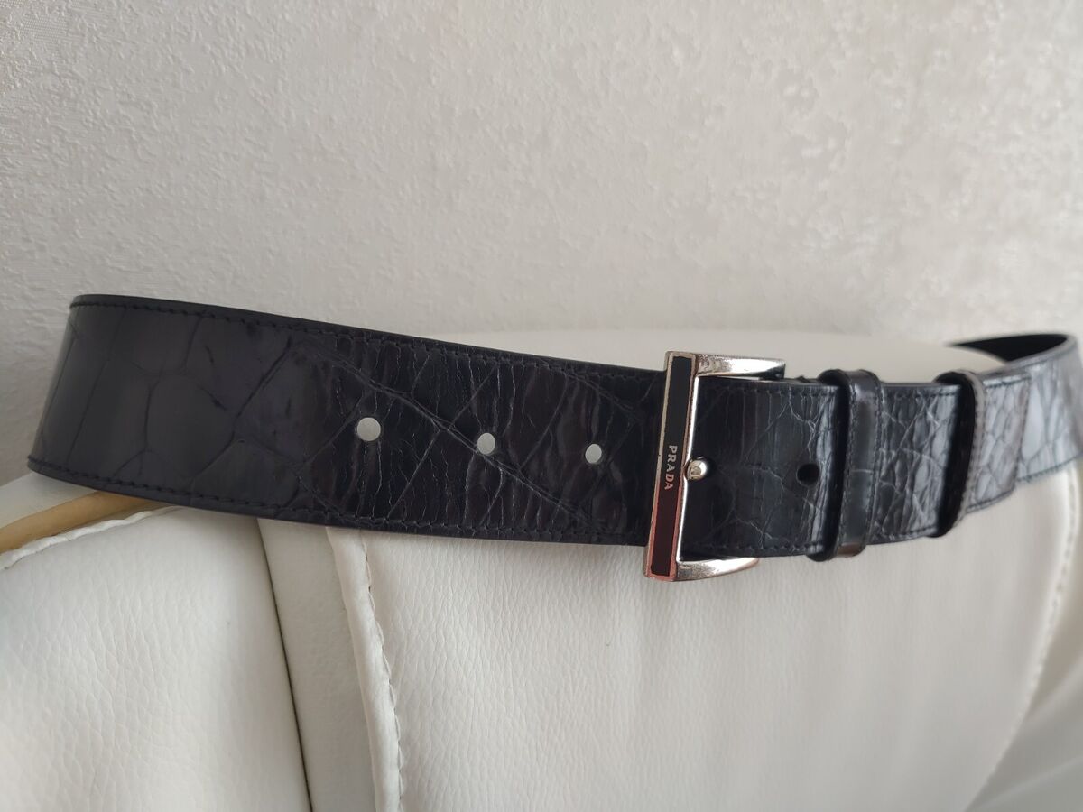 PRADA Black Patent Leather Croc Embossed Belt Mens Womens PRADA Black Patent Leather Croc Embossed Belt Mens Womens