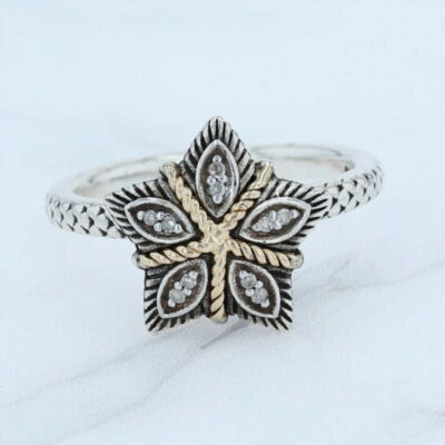 Neu Diamant Stern Blume Ring Sterlingsilber 14k Gold strukturiertes Seil Größe 5