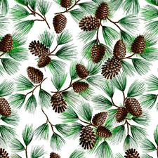 Christmas Pinecones With Glitter White/Green 100 Cotton Sold by The Yard.