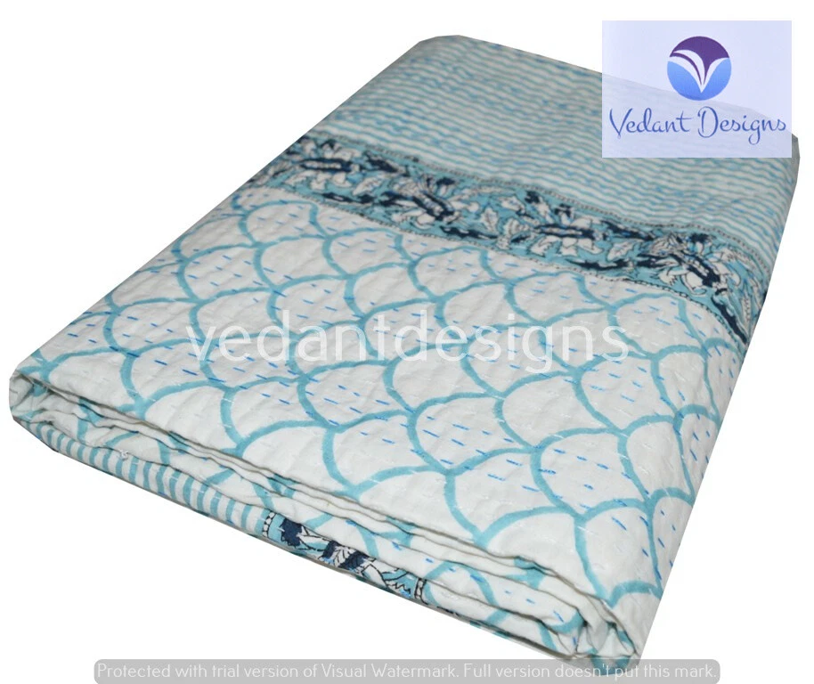 Colcha de algodão com estampa de bloco indiano Kantha feita à mão - Imagem 3 de 4