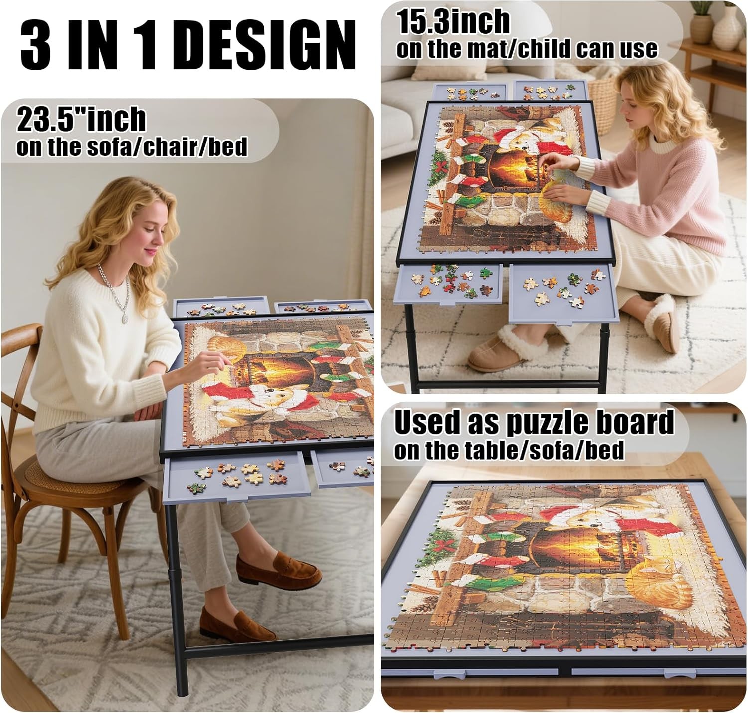 Puzzle Table with Drawers Adjustable Height 1500Pcs,Foldable for Storage 3 in 1 